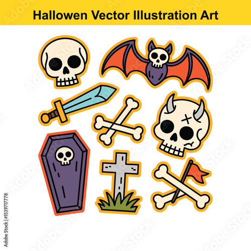 Halloween vector illustration art with skulls bats swords and coffins