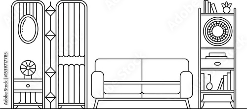 A line drawing of a living room with a couch bookshelf and folding screen in black and white style