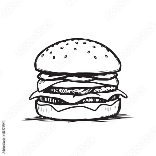 A hand-drawn, black and white vector style silhouette of a burger on a white background.  Timeless and elegant, with rough lines and textured pencil strokes.eps