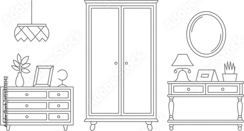 A black and white line drawing of a room with furniture including a wardrobe and two dressers