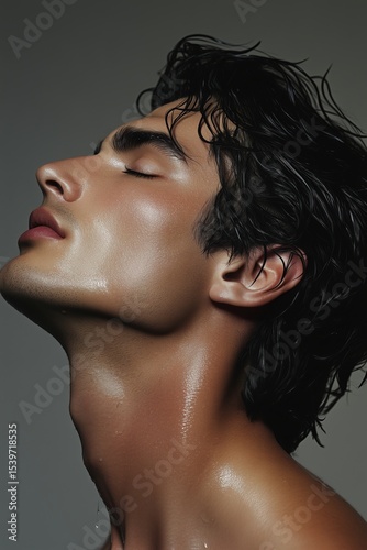 Captivating male model showcases striking features with dramatic lighting and sleek wet hair in a close-up portrait