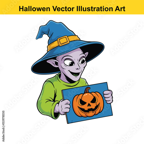 Cute Halloween Elf with Pumpkin Sign Vector Illustration Art