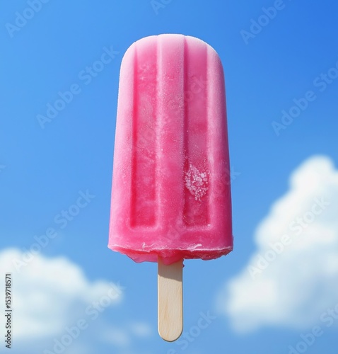Refreshing pink popsicle against a clear blue sky with fluffy clouds on a warm summer day