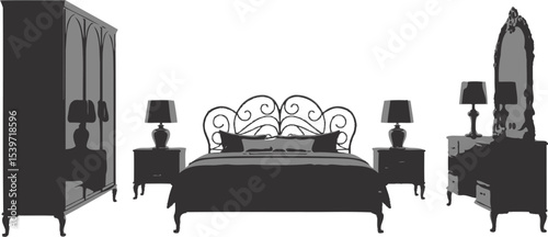 A bedroom set featuring a bed with nightstands wardrobe and dresser all in a dark color scheme on white