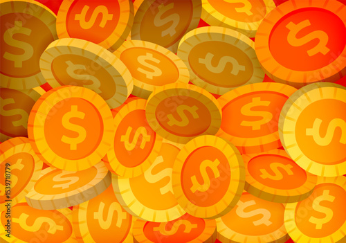 Gold dollar coins stacked and overlapping each other symbolizing banking assets, American currency, financial strength, investment strategy, and savings growth