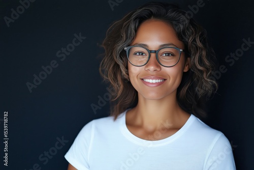 Bright smile of a woman in casual attire with glasses against a dark background, showcasing confidence and positivity in an indoor setting