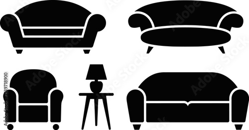 A collection of black silhouette furniture including sofas armchairs and a lamp on a small table set