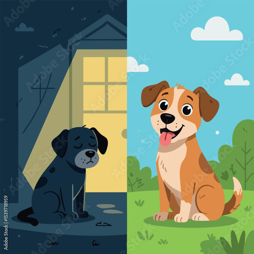 Sad Dog in the Dark vs Happy Dog in Sunlight A Day and Night Transformation