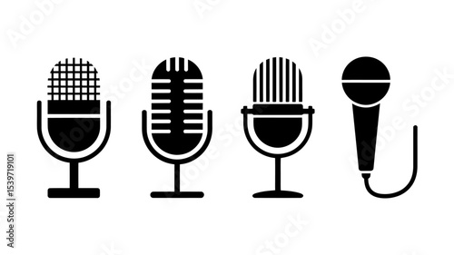A Set of Four Black and White Microphone Icons Retro, Modern, and Classic Designs