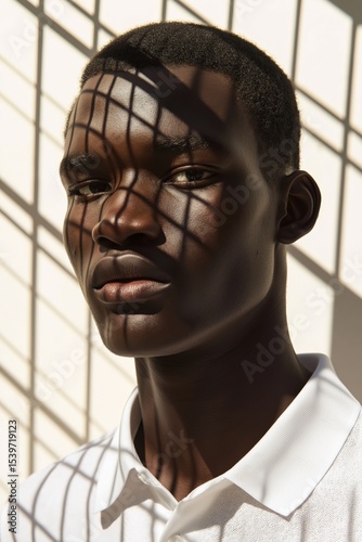 Young man in white shirt with shadows cast on face in an artistic lighting setup