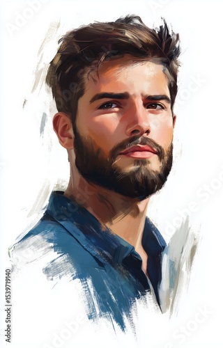 Portrait of a young man with a beard and thoughtful expression, captured in a vibrant artistic style
