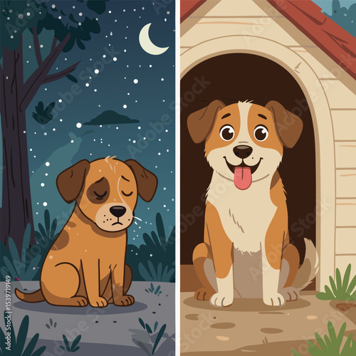 Sad Dog Outdoors at Night and Happy Dog in Doghouse Cartoon Vector Illustration