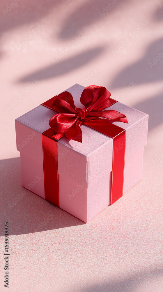 Fototapeta premium Pink colored gift box with a red bow on a pink background