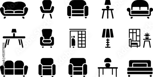 A collection of black and white furniture icons including sofas chairs and lamps on a white background