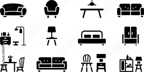 A collection of twelve black and white furniture icons arranged in a rectangular grid pattern on white