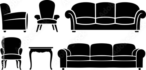 Black silhouette illustration of two sofas two armchairs and a table on a white background