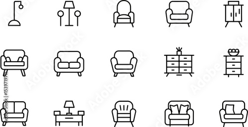 Line art illustration of furniture including sofas chairs lamps and cabinets on a white background
