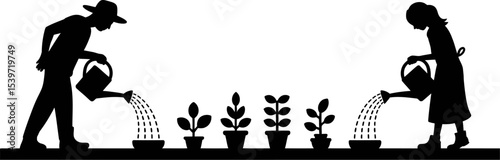 Silhouettes of man and woman watering plants in pots with watering cans on a white background view