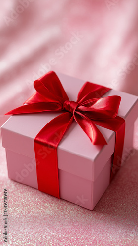Pink colored gift box with a red bow on a pink background