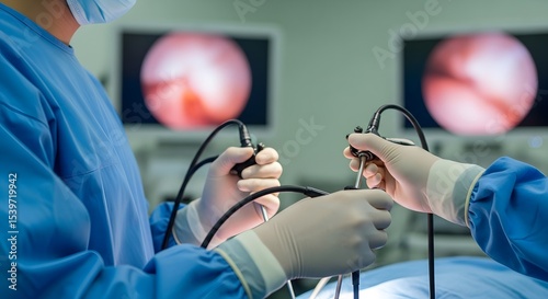 Minimally Invasive Surgery: Close-Up of Surgeons Using Endoscopes During a Procedure in a Modern Operating Room