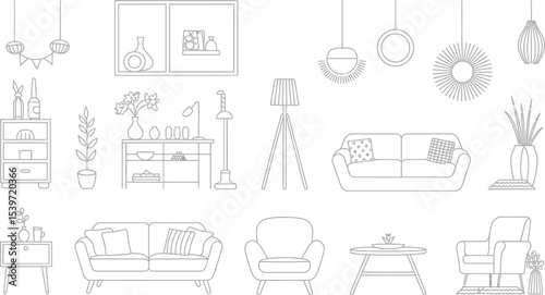 Line drawing of living room furniture including sofas chairs and tables with lamps and decorations