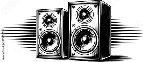 Illustration of two speakers with black lines emanating from them on a light gray background
