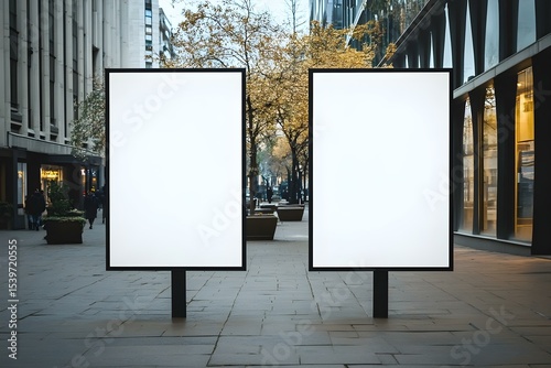 Two Blank Empty White Poster Mockups on the Street: Minimalist Outdoor Advertising Display in Urban Setting