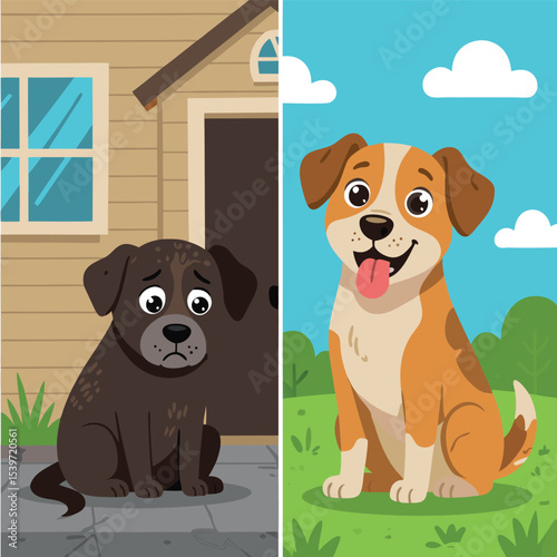 A Dog Before and After Adoption Showing Sadness and Happiness for Dog Related Designs