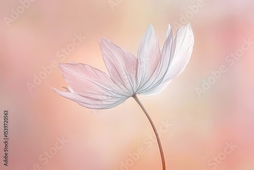 Delicate, pale pink flower with translucent petals, softly blurred background.