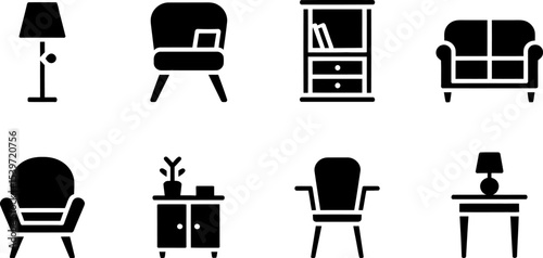 Black silhouette furniture icons including lamps chairs sofas and cabinets on white background