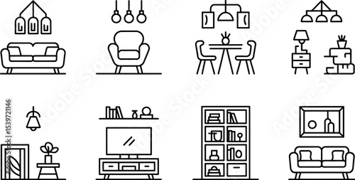 A collection of line art icons depicting furniture and interior design elements in a simple style