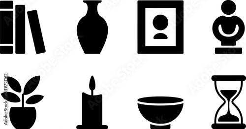 A collection of black silhouette icons featuring books vase portrait bust plant candle bowl and hourglass