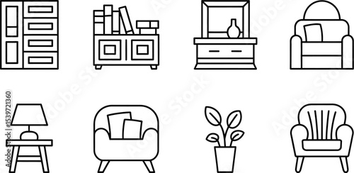 Illustration of furniture icons including bookcase dresser chairs plant and table lamp in black outline