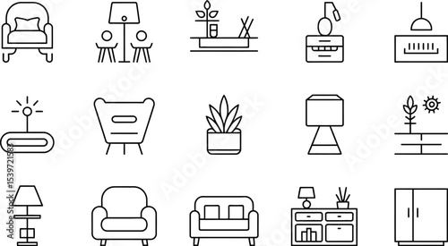 Line art icons depicting furniture and home decor items arranged in a grid pattern on white