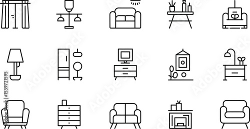 Line art illustration showcasing various furniture pieces and home decor elements on a white background