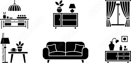 Collection of black and white interior design icons featuring furniture and home decor elements neatly arranged