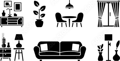 A collection of interior design elements including furniture plants and window treatments in black and white