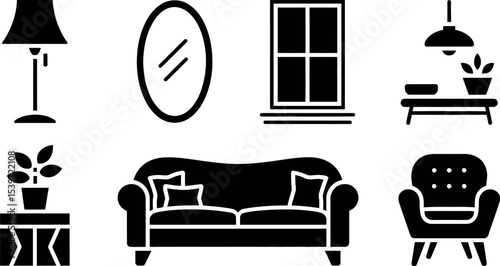 A black and white illustration of furniture including a sofa lamp mirror and other home decor items