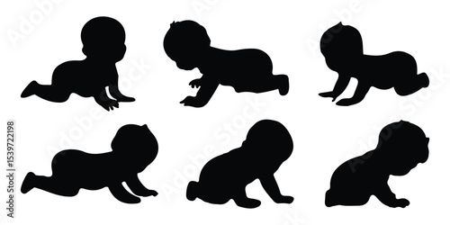 Set of baby and toddler silhouette isolated on white background. Set of Crawling, Standing and Playing Infants. Silhouette of a little baby in three poses vector illustration 