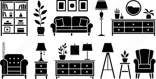 Black and white illustration of a living room furniture set with lamps and plants and decorations