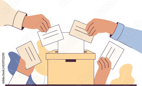 Drawing of people voting. election. hands putting votes in a box.