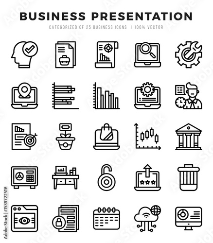 Business Presentation icons Pack. Lineal icons set. Business Presentation collection set.