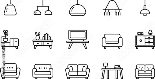 Line art icons depicting living room furniture and lighting fixtures on a white background layout