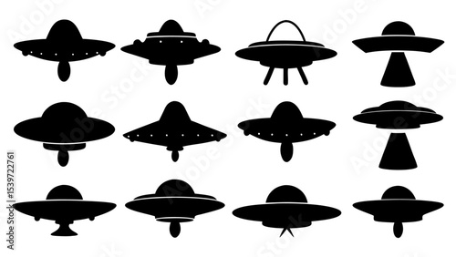 UFO set silhouettes on tranparent background