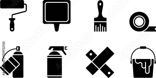 Illustration of painting tools including roller brush spray cans and paint bucket in black and white