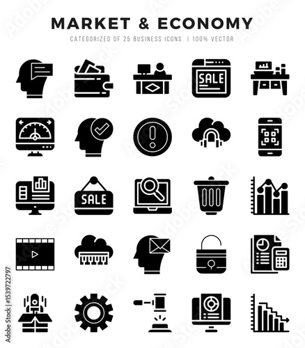 Market & Economy Glyph icons collection. 25 icon set. Vector illustration.