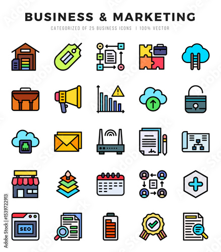 Collection of Business & Marketing 25 Lineal Color Icons Pack.
