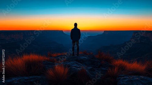 A person on a rocky ledge admires a stunning sunset over canyons, surrounded by vibrant colors and calm