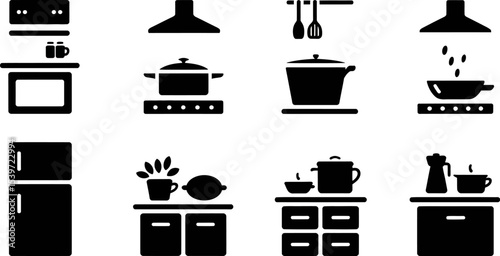 A collection of kitchen icons featuring a stove refrigerator and cooking utensils in black and white style