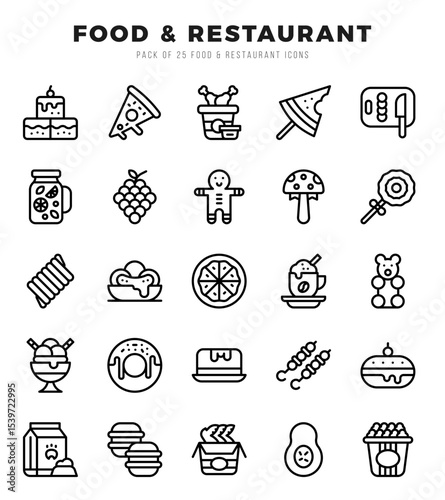Collection of Food and Restaurant 25 Lineal Icons Pack.
